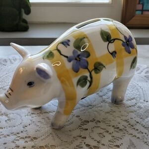 Floral Piggy Bank with Yellow and Purple Design